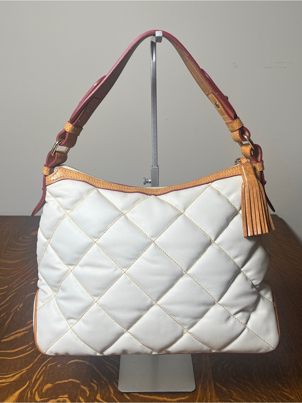 Dooney & Bourke White Quilted Nylon and Vachetta Leather Trim Hobo Shoulder Bag - Picture 2 of 7
